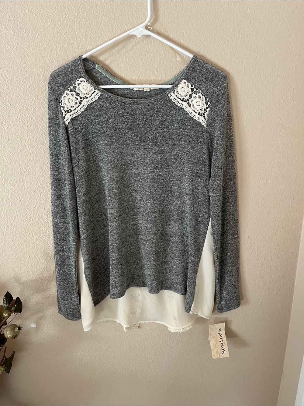 Rewind Gray Knit Top with Cream Lace Polyester Back Accent NWT Large